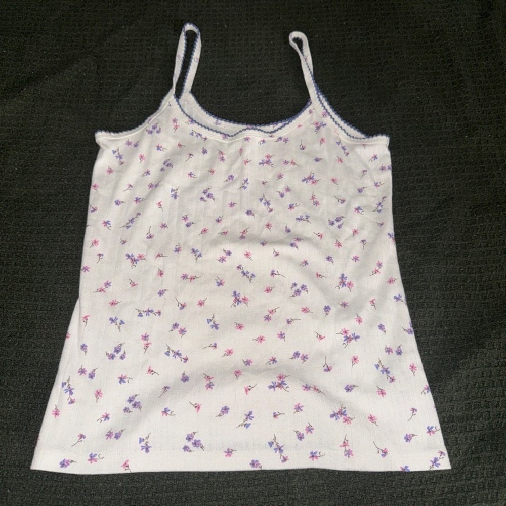Women's Floral Pointelle Camisole Top White Blue Lace Trim